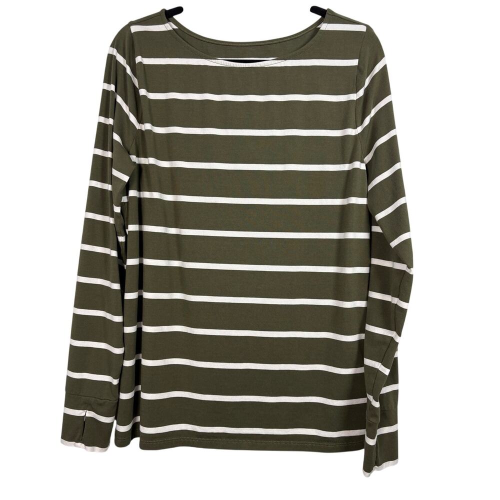 Belle by Kim Gravel Olive Green White Striped Long Sleeve Top Tee Large L